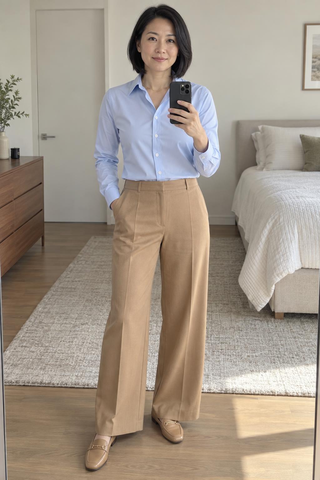 Woman taking a full-length mirror selfie in a bedroom wardrobe mirror wearing a light-blue button-down shirt tucked into camel wide-leg tailored trousers with tan leather loafers and a fine gold chain necklace.