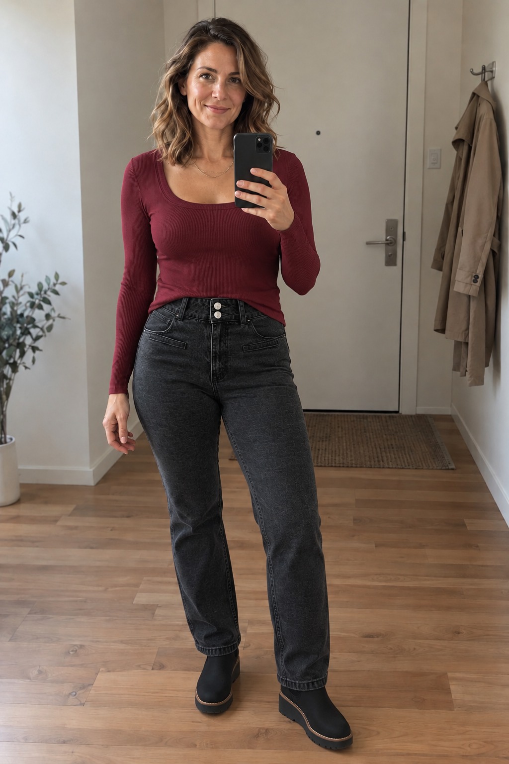 Woman taking a full-length mirror selfie in a home entryway with a wood floor, wearing a burgundy scoop-neck top half-tucked into washed black straight jeans, black Chelsea boots and a thin gold chain necklace.