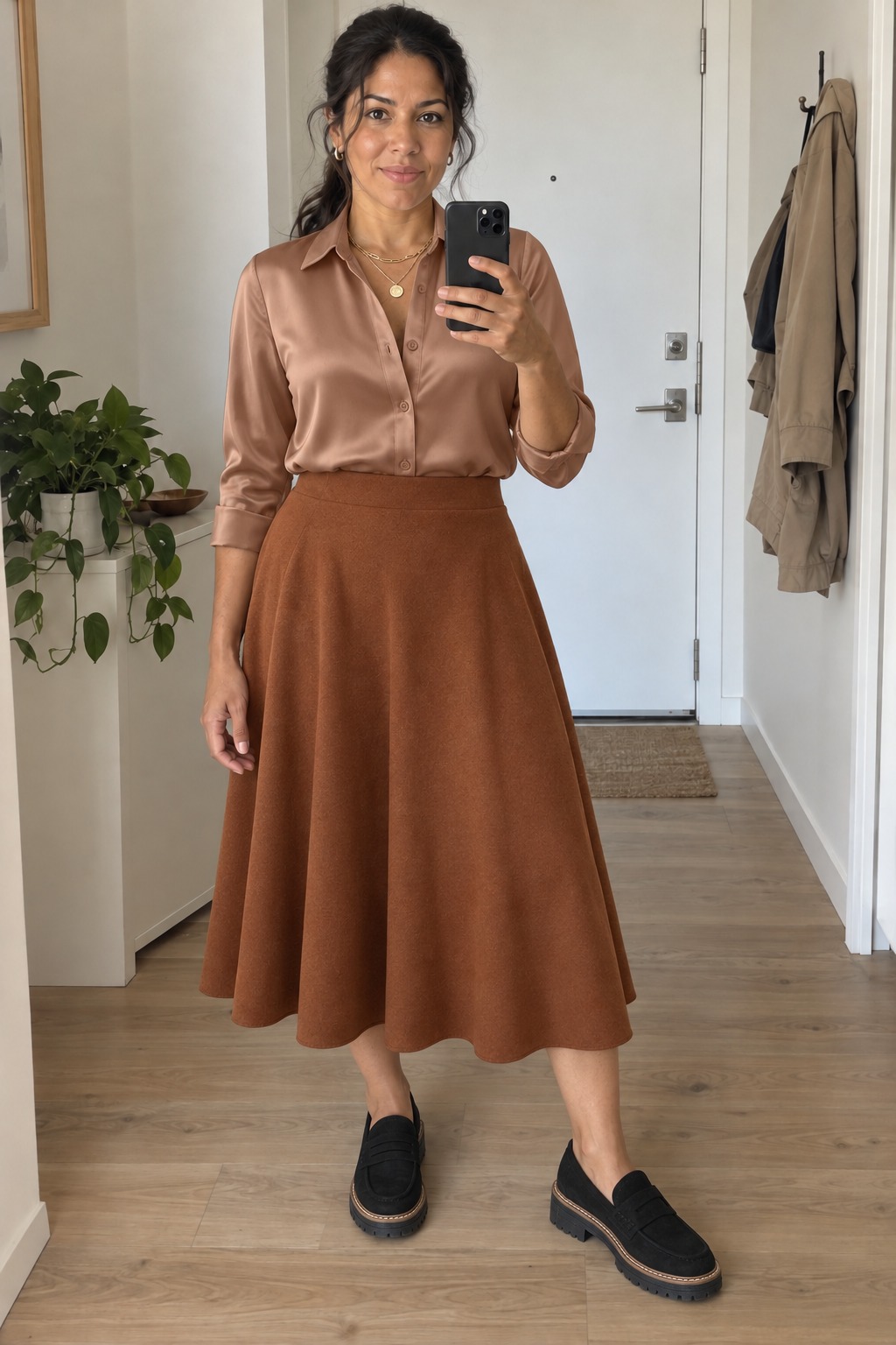 Woman taking a full-length mirror selfie in an entryway with a white front door, hanging coat and potted plant, wearing a mocha satin blouse tucked into a cognac-brown A-line midi skirt, black chunky penny loafers and thin gold necklaces.