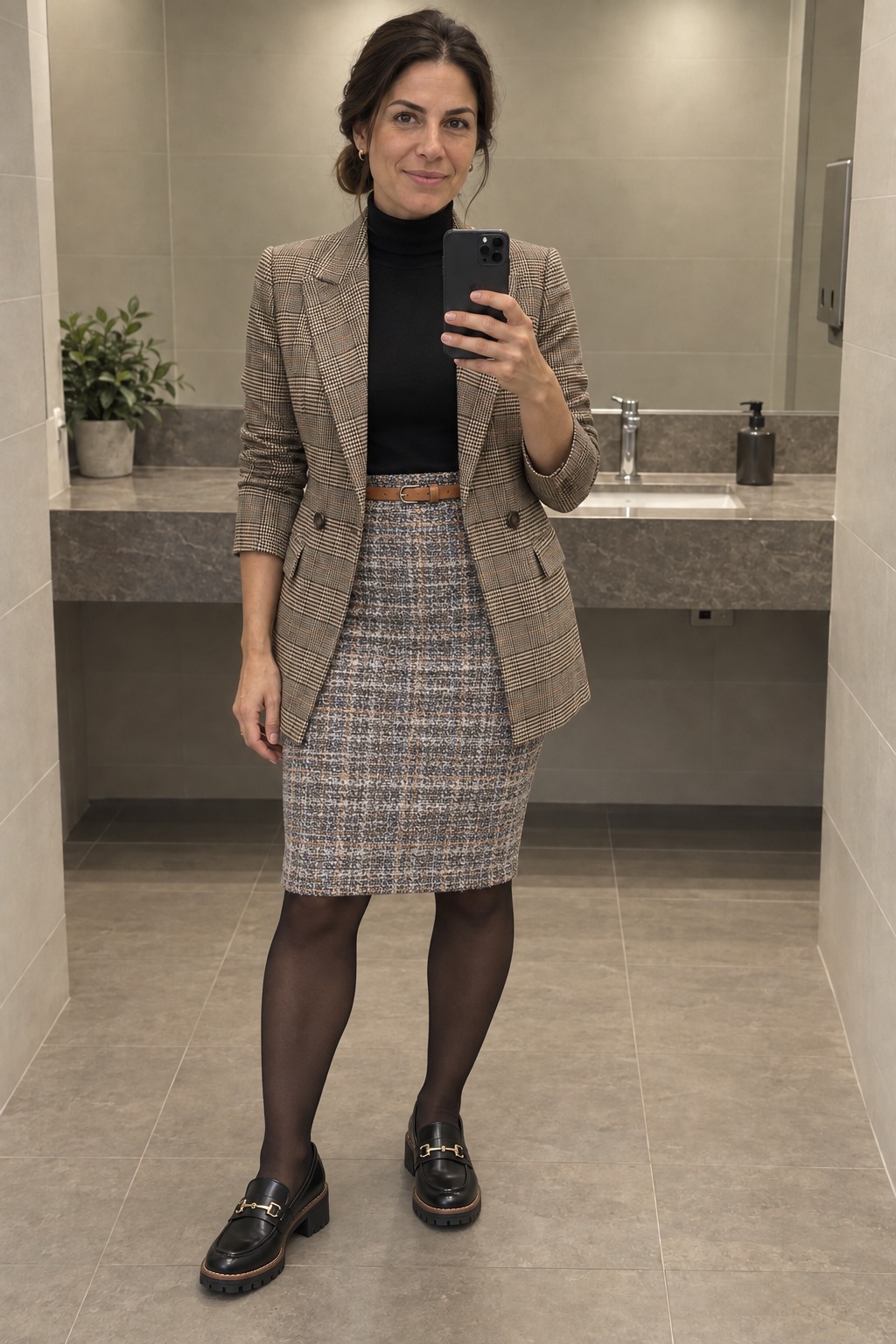 Woman taking a full-length mirror selfie in a beige tiled restroom wearing an open brown plaid blazer over a black turtleneck, a gray tweed pencil skirt with a slim tan belt, sheer black tights and black chunky horsebit loafers.